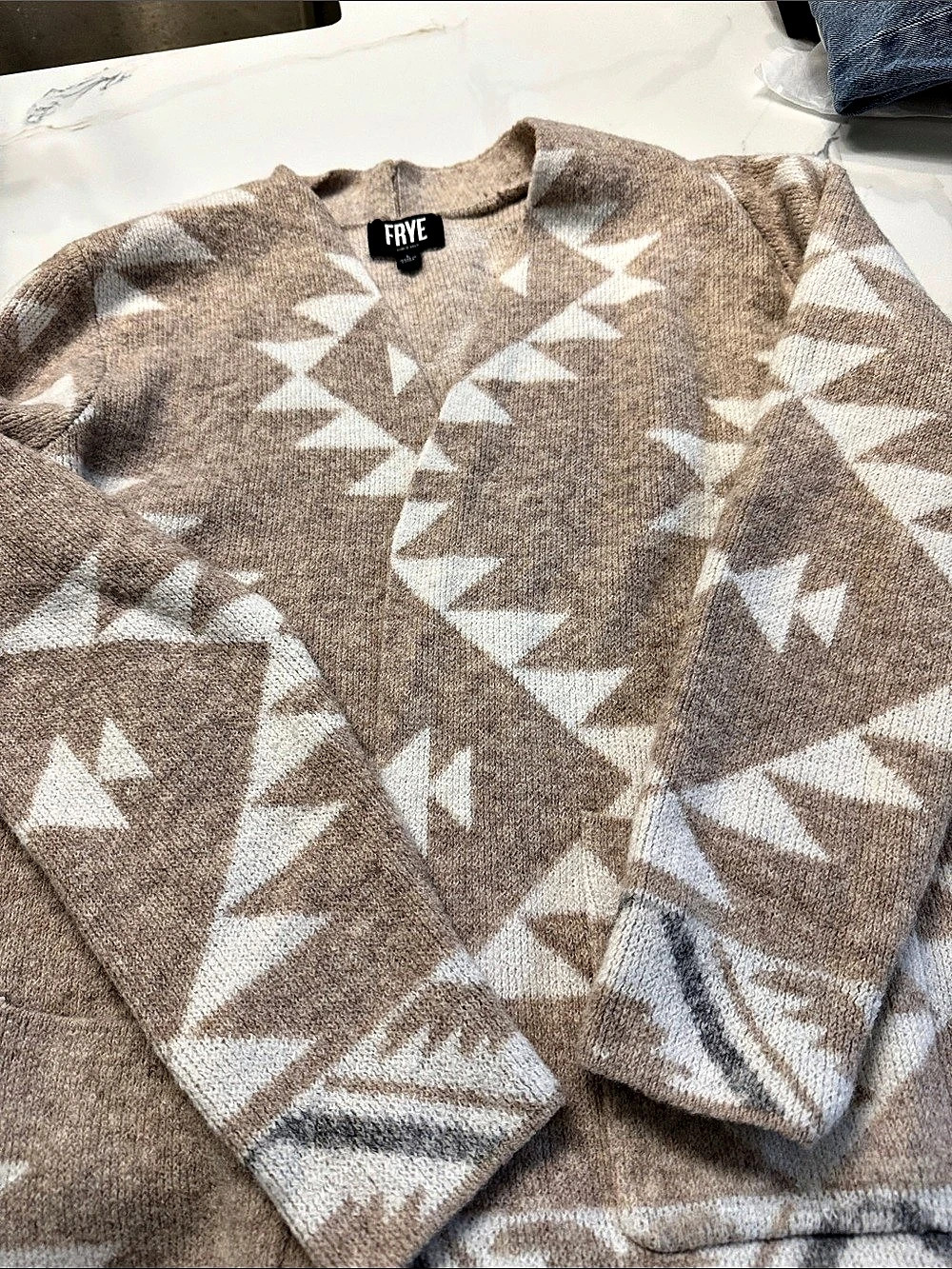 FRYE Geometric Sweater in Brown & White Size Large
